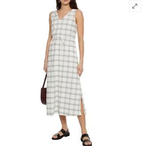 Theory Deep V Linen Blend Spring Plaid Midi Dress Size Medium in Ivory
